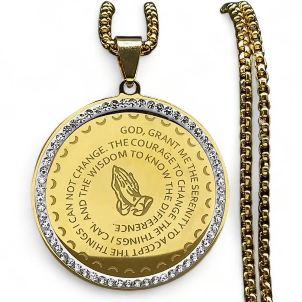 NEW - FAITH PRAYER STAINLESS STEEL/RHINESTONE MEDALLION NECKLACE GOLD 24 INCH